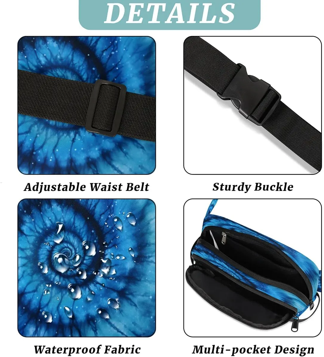 Blue Tie-Dye Men's and Women's Waist Pack Crossbody Abstract Tie-dye Waist Pack Running Strap, Adjustable Shoulder Strap - For Hiking and Running Exercise Fitness