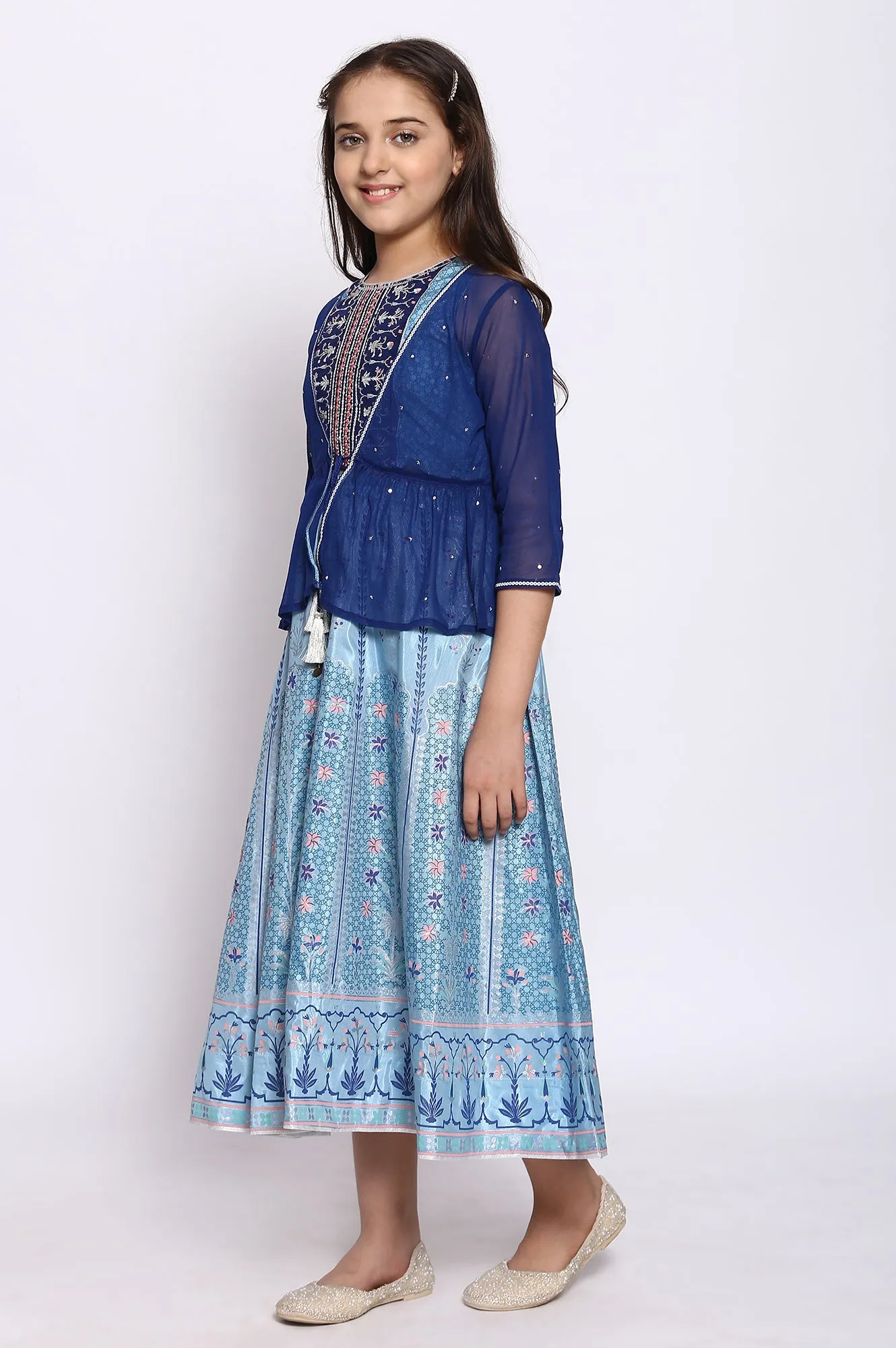 Blue Top-Skirt-Gillet Girls Set
