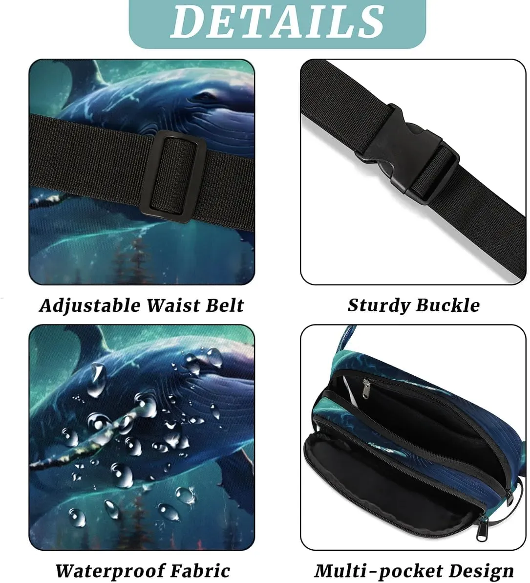 Blue Whale Men's and Women's Waist Pack Crossbody Mammal Whale Waist Pack Running Strap, Adjustable Shoulder Strap - For Hiking and Running Exercise Fitness