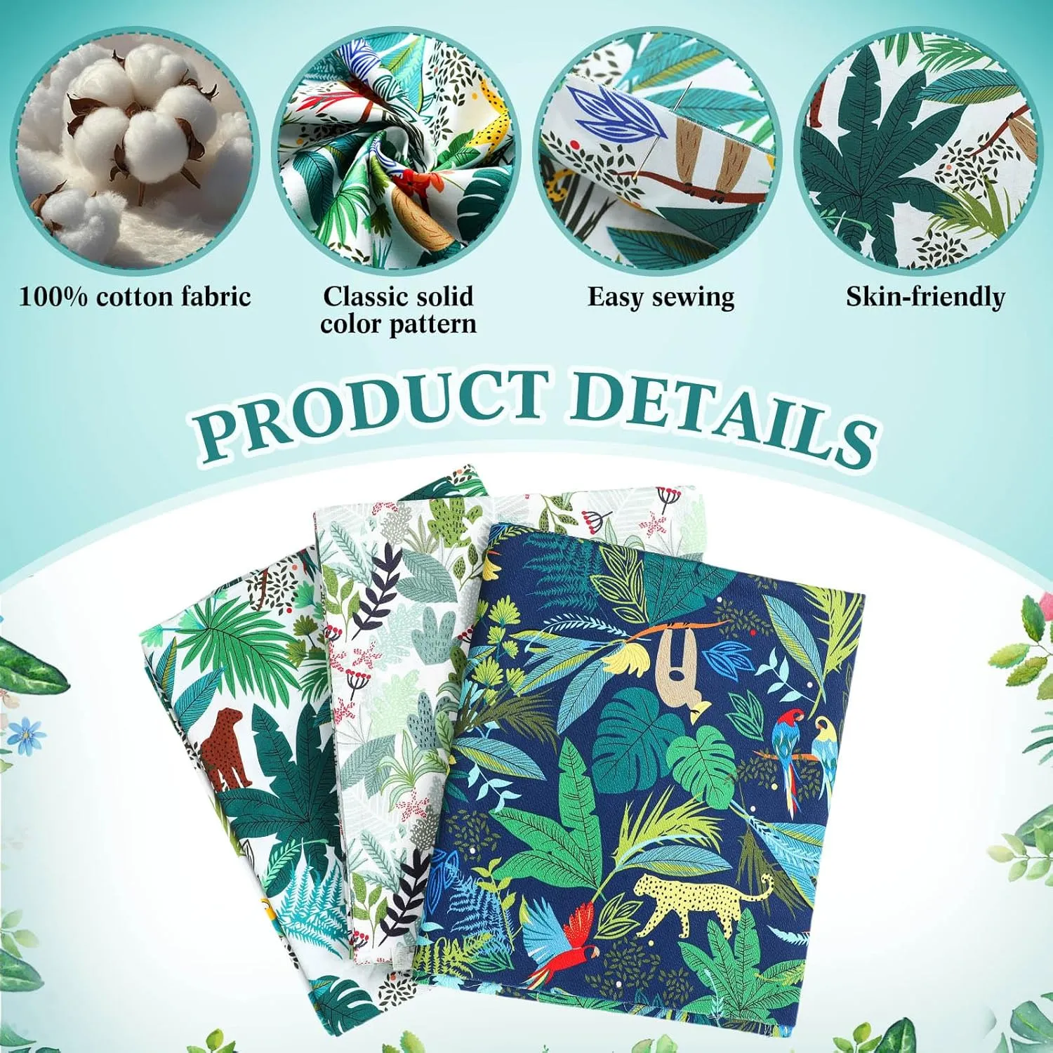 Boao 3 Pieces 3 Yards 62 Inch Wide Floral Cotton Fabric Tropical Rainforest Pattern Flowers Print Quilting Fabric Bundle for Mother's Day Quilting Sewing Crafting DIY Making