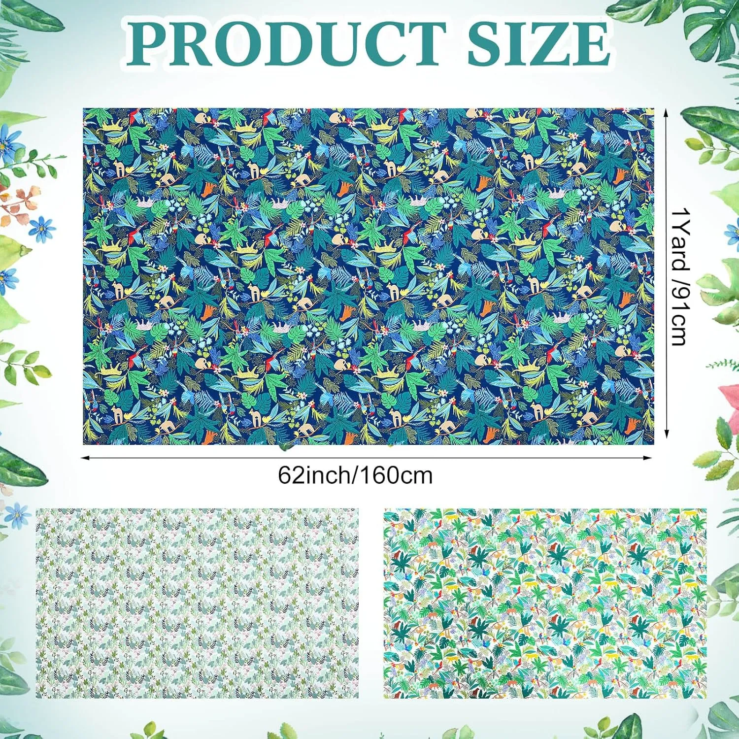 Boao 3 Pieces 3 Yards 62 Inch Wide Floral Cotton Fabric Tropical Rainforest Pattern Flowers Print Quilting Fabric Bundle for Mother's Day Quilting Sewing Crafting DIY Making