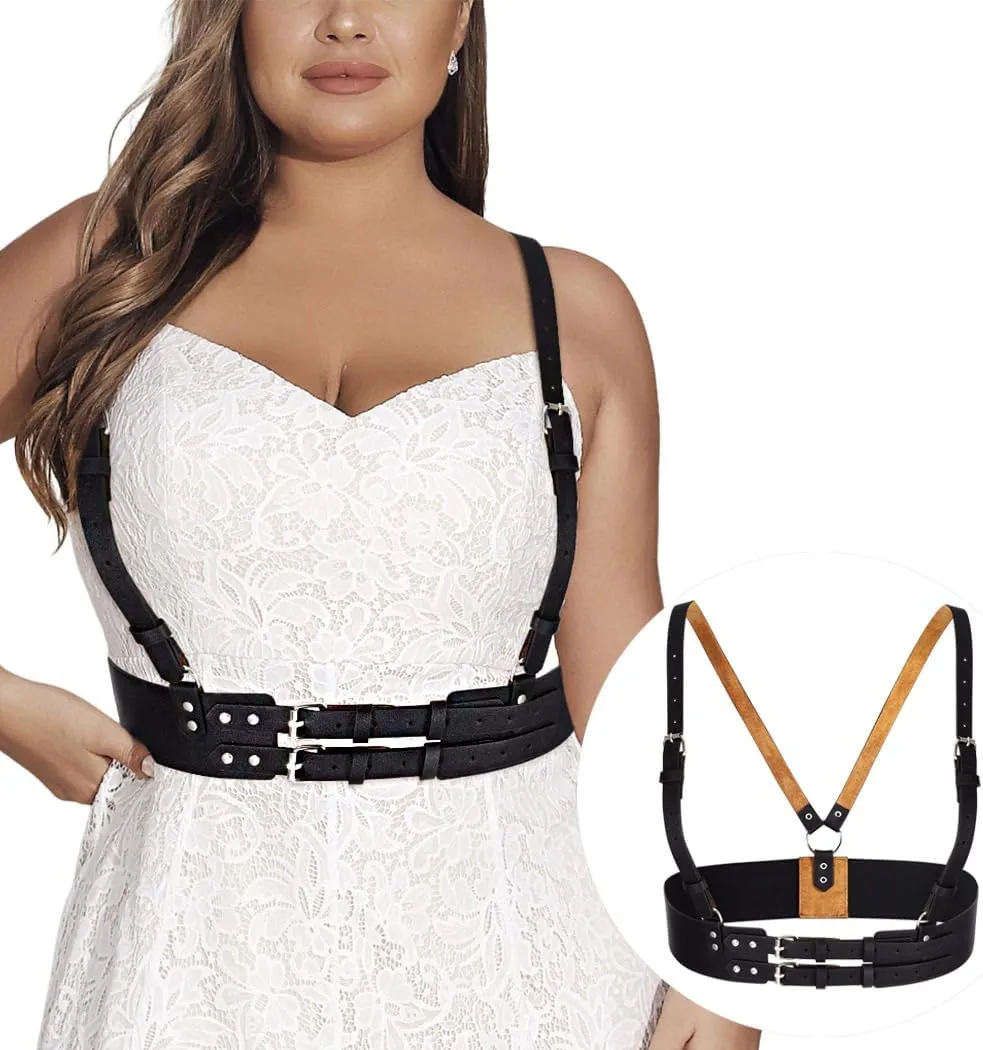BODIY Plus Size Harness Wide Waist Belt PU Black Harness for Women Gothic Punk Belts Halloween Rave Accessory for Dresses