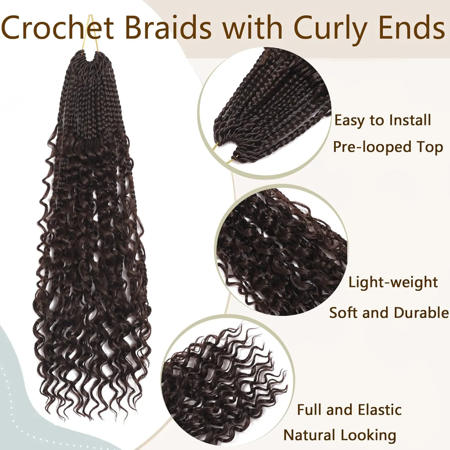 Boho Braids Crochet Hair 18 Inch Bohemian Crochet Box Braids With Curly Ends Dark Brown Goddess Box Braids Crochet Hair for Women 4# Color Crochet Braids Extensions