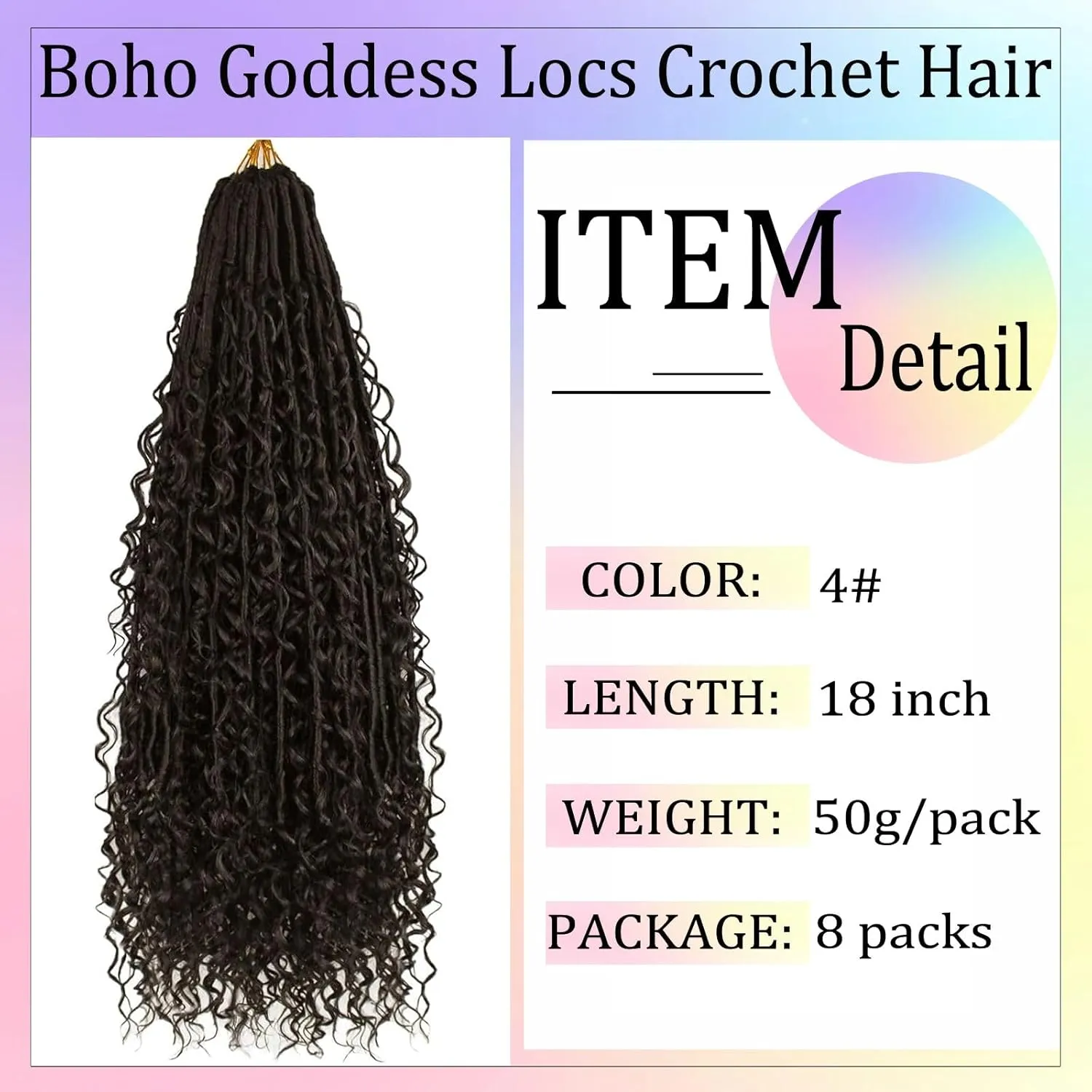 Boho Faux Locs Crochet Hair 18 Inch Goddess Locs 8 Packs Boho Soft Crochet Locs Hair with Curly Ends Pre-looped Long Bohemian River Locs Crochet Hair for Black Women(18Inch,#4)