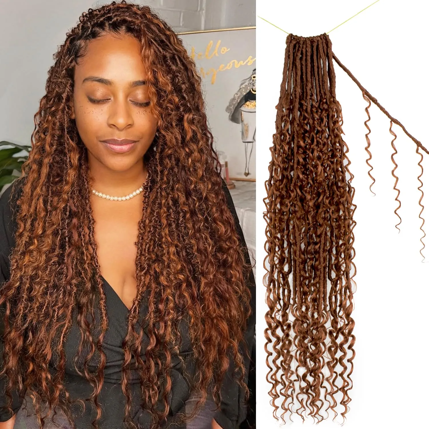 Boho Faux Locs Crochet Hair 24 Inch Goddess Locs 8 Packs Boho Soft Crochet Locs Hair with Curly Ends Pre-looped Long Bohemian River Locs Crochet Hair for Black Women(24Inch, 30#)