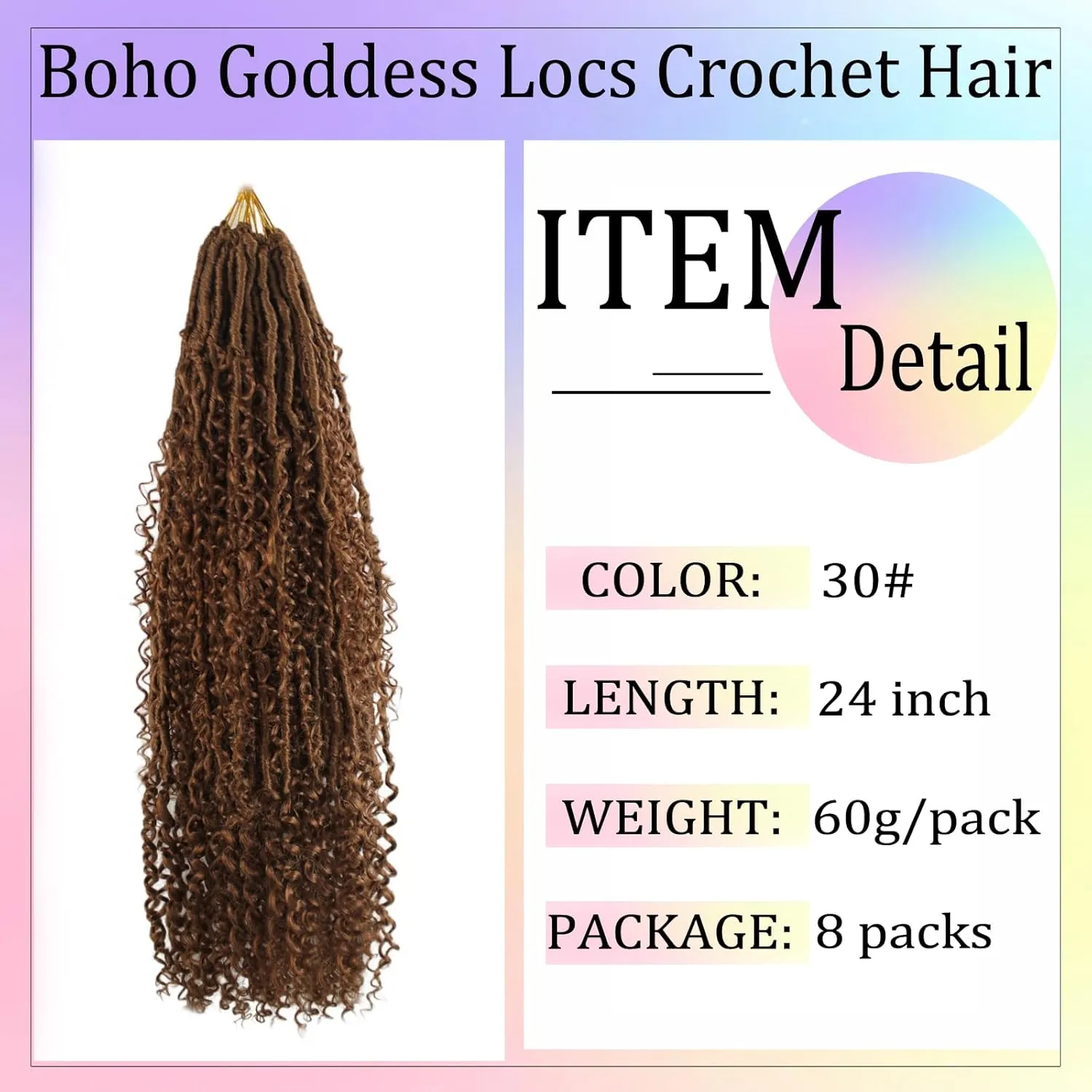Boho Faux Locs Crochet Hair 24 Inch Goddess Locs 8 Packs Boho Soft Crochet Locs Hair with Curly Ends Pre-looped Long Bohemian River Locs Crochet Hair for Black Women(24Inch, 30#)