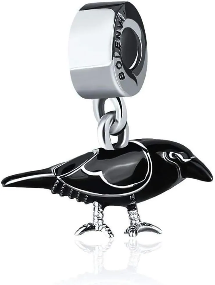 Bolenvi Black Bird Crow Raven Omni Clasp Clip on Dangle Pendant Compatible with Pandora & Similar Bracelets, Necklaces & DIY Jewelry - 925 Sterling Silver Charm with Black Enamel