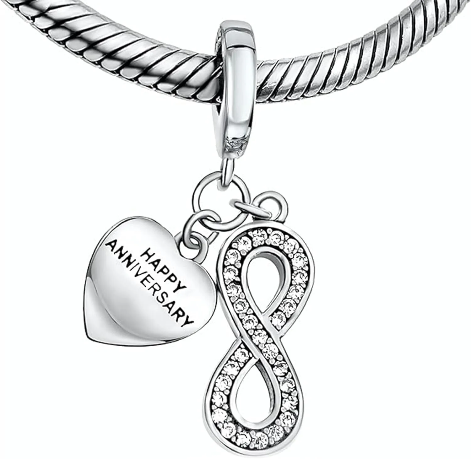 Bolenvi Happy Anniversary & Infinity Forever Love Dangle Pendant, Mother's Day Charm, Omni Clasp Clip on 925 Sterling Silver Charms Compatible with Pandora & Similar Bracelets & Necklaces