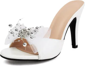 Bow Heeled Mules for Women Spike Heel Crystal String Bead Sandal Embellished Mesh Slide Slippers White Open Toe High Heels Sandal Size 11