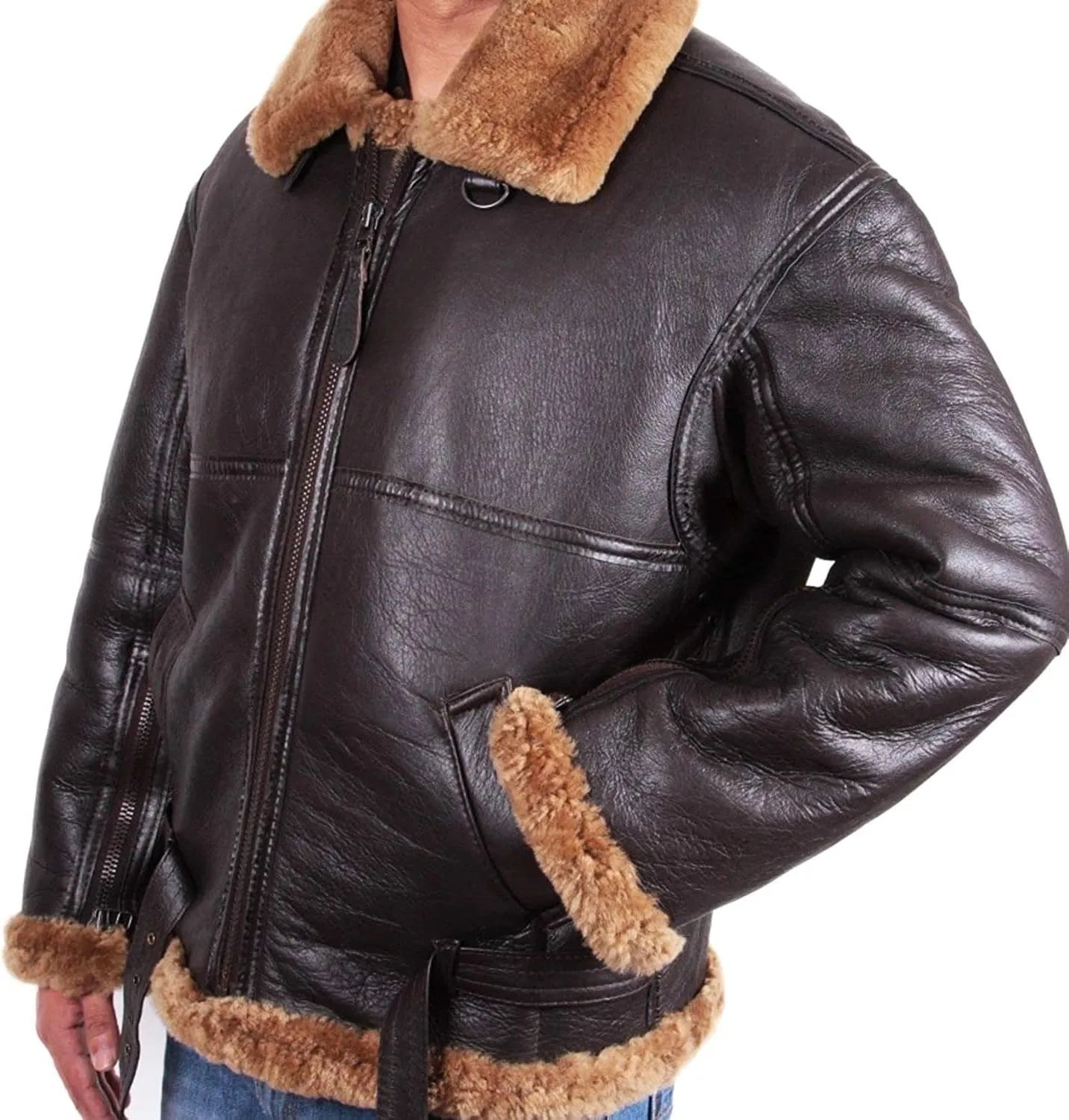 BRANDSLOCK Mens Aviator Flying B3 Real Shearling Sheepskin Leather Bomber Jacket