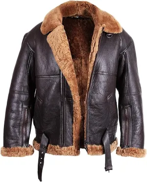 BRANDSLOCK Mens Aviator Flying B3 Real Shearling Sheepskin Leather Bomber Jacket