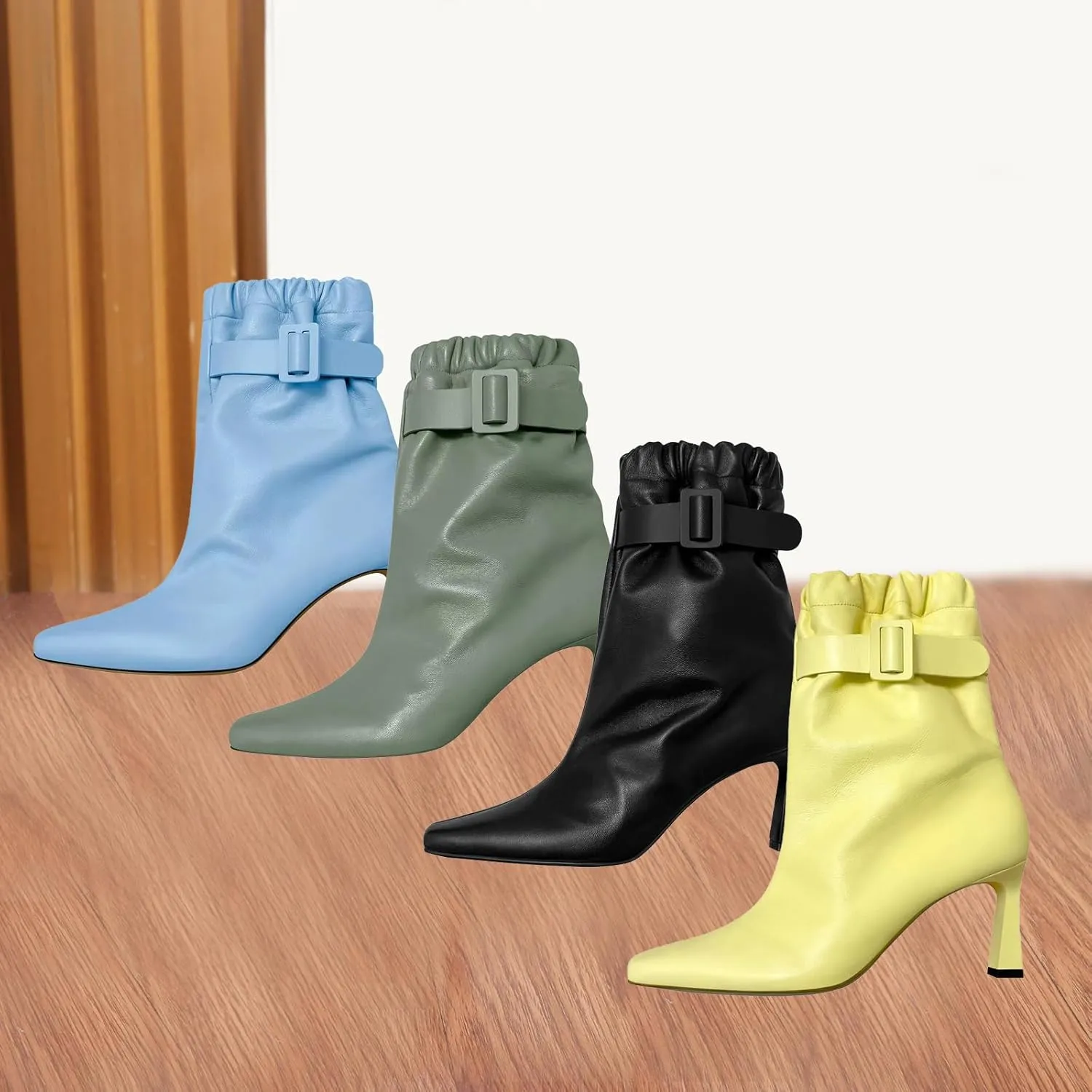 Bright Colored Boots,Belt Buckles,Cowhide Ankle Boots,Square Toe Stiletto High Heel Boots,Suitable for Many Occasions