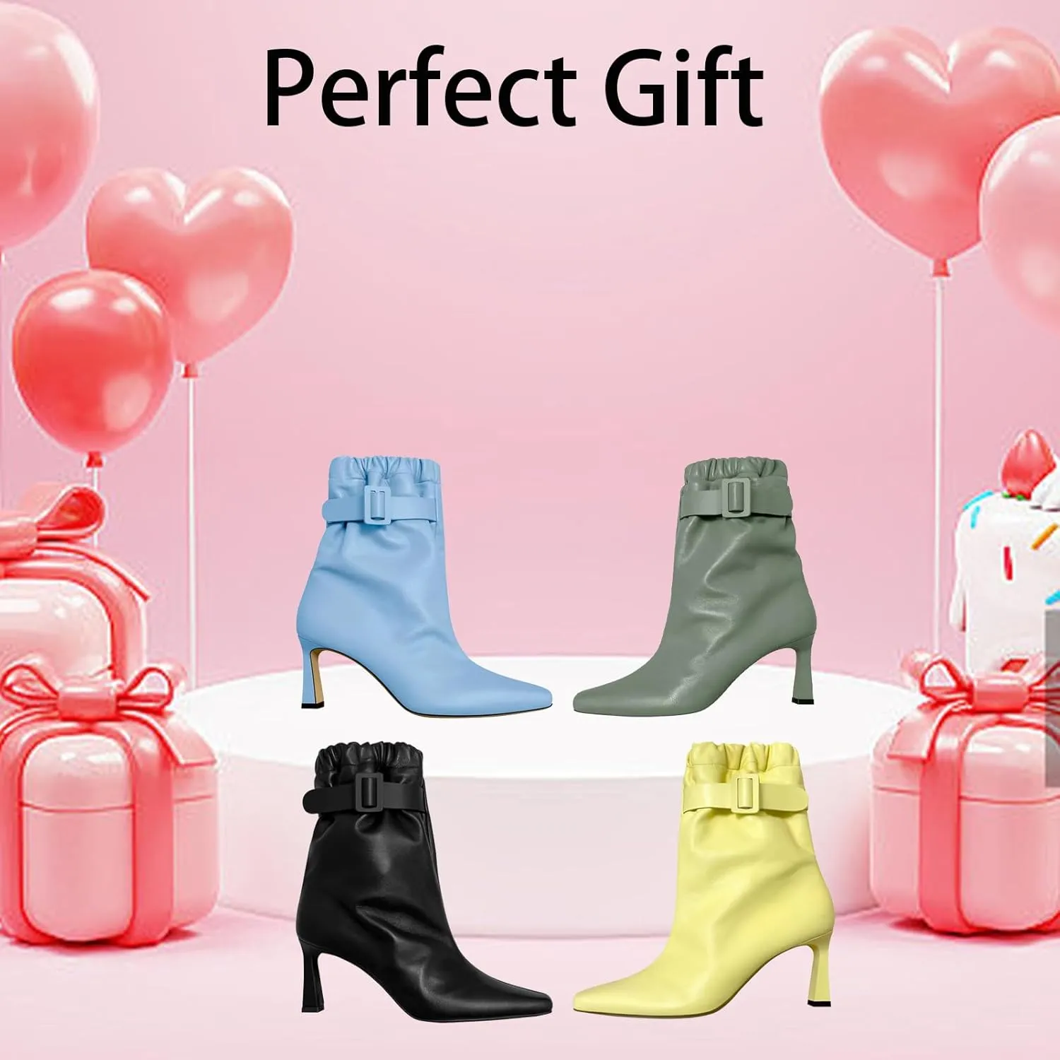 Bright Colored Boots,Belt Buckles,Cowhide Ankle Boots,Square Toe Stiletto High Heel Boots,Suitable for Many Occasions