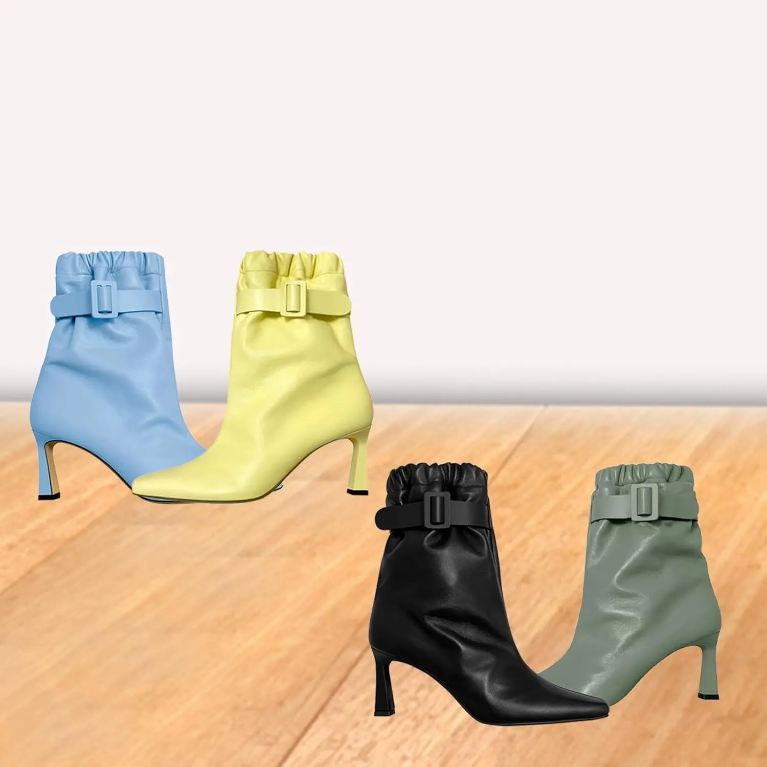 Bright Colored Boots,Belt Buckles,Cowhide Ankle Boots,Square Toe Stiletto High Heel Boots,Suitable for Many Occasions