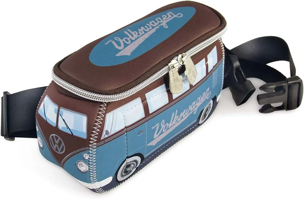 BRISA VW Collection - Volkswagen Neoprene Hip Bag Belly Bag Money Belt Crossbody Bag for Outdoor and Travel in T1 Bus Design (Petrol/Brown)