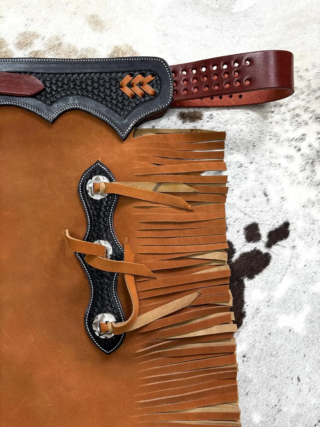 Brown Western Chinks Suede Leather Basket Weave Hand Tooled Adjustbale Yoke for Men Women Kids Custom ST-CHI-115