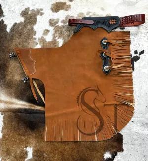 Brown Western Chinks Suede Leather Basket Weave Hand Tooled Adjustbale Yoke for Men Women Kids Custom ST-CHI-115