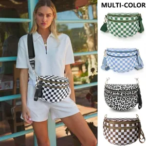 Bum Bags for Women Crossbody, Black And White Nylon Checkered Crossbody Bum Bag, Spacious Checkered Purse (Brown)