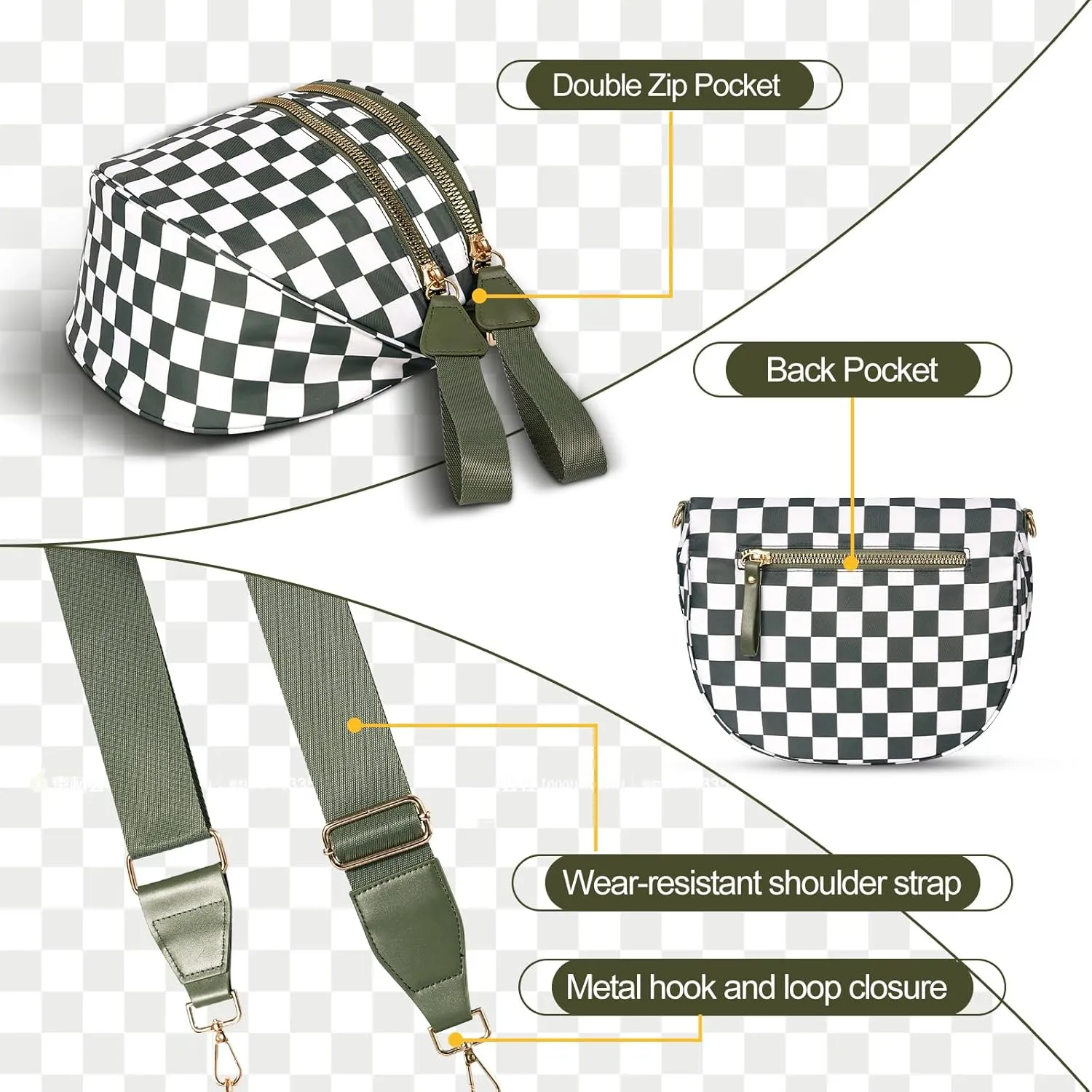 Bum Bags for Women Crossbody, Black And White Nylon Checkered Crossbody Bum Bag, Spacious Checkered Purse (Brown)