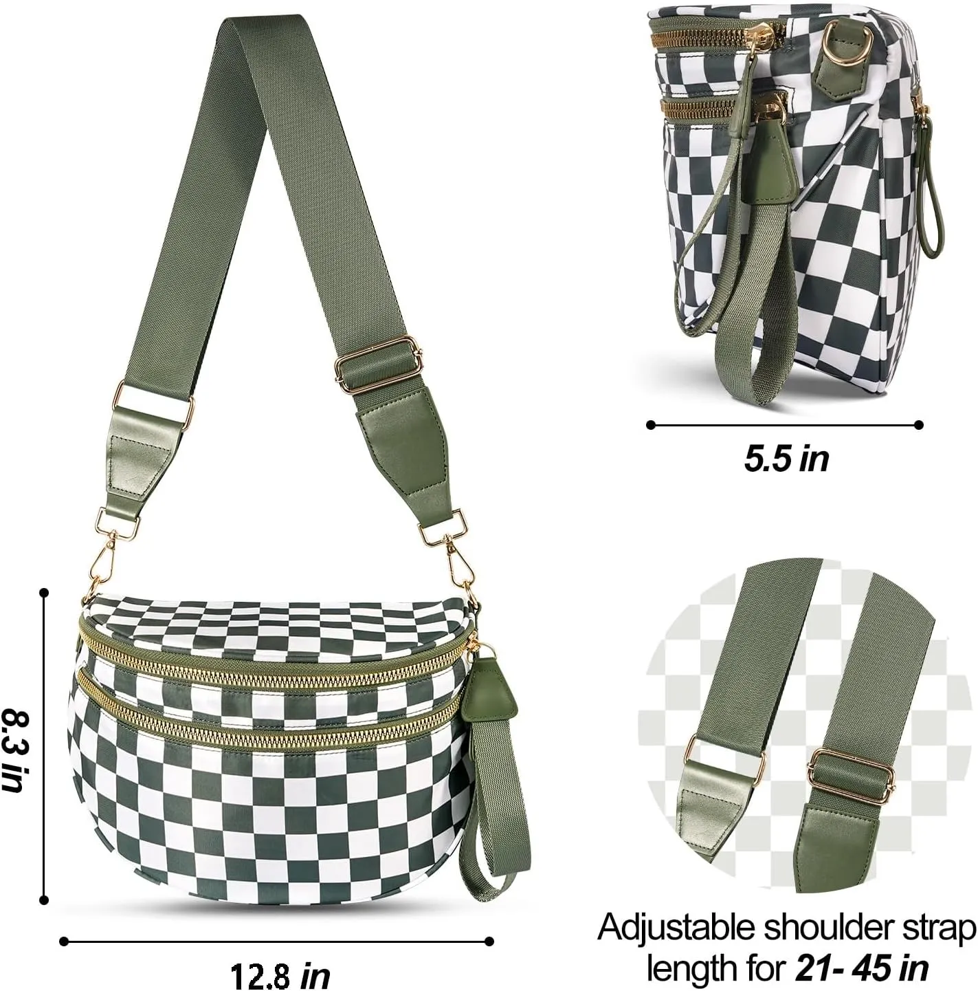 Bum Bags for Women Crossbody, Black And White Nylon Checkered Crossbody Bum Bag, Spacious Checkered Purse (Brown)