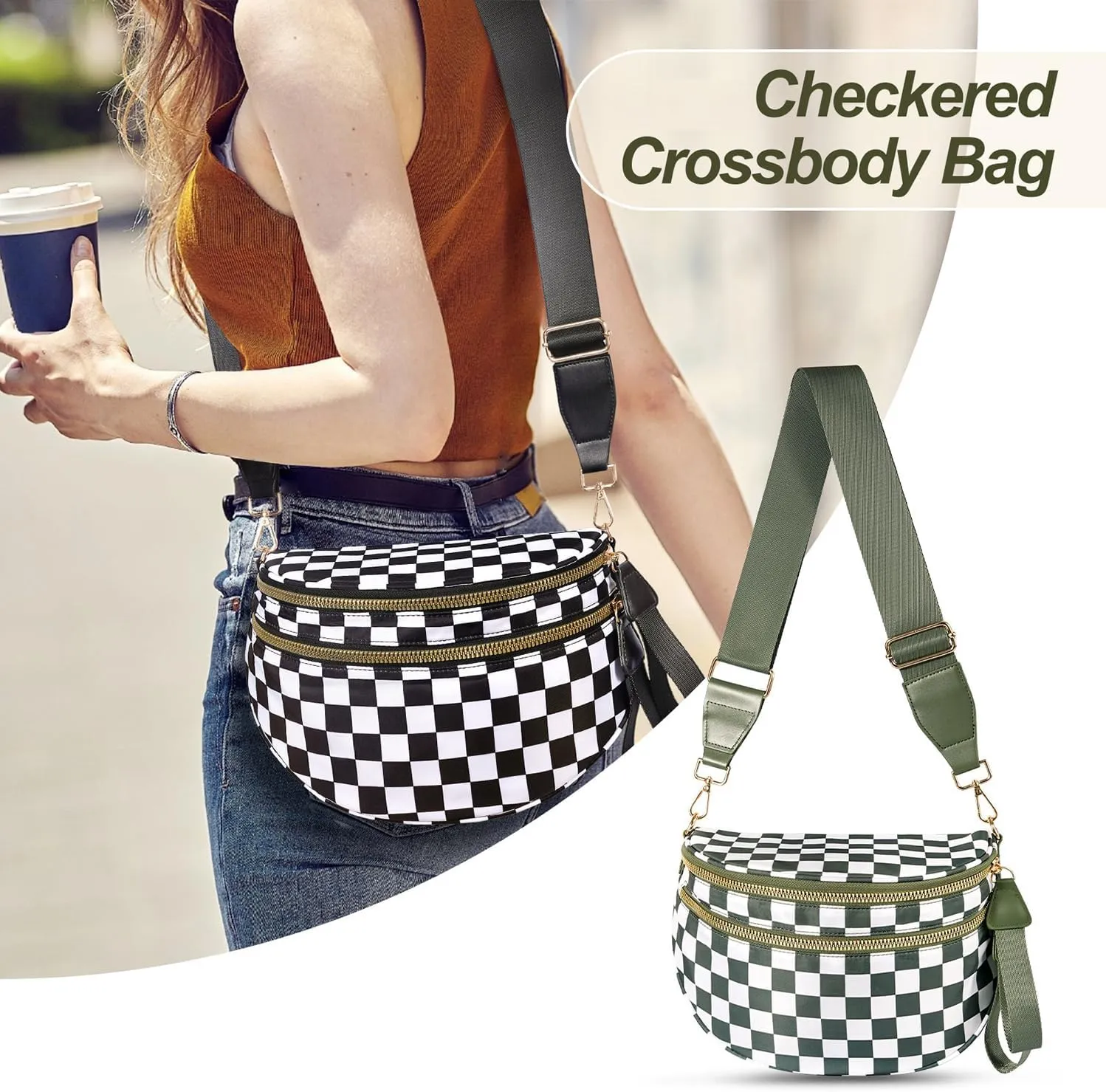 Bum Bags for Women Crossbody, Black And White Nylon Checkered Crossbody Bum Bag, Spacious Checkered Purse (Brown)