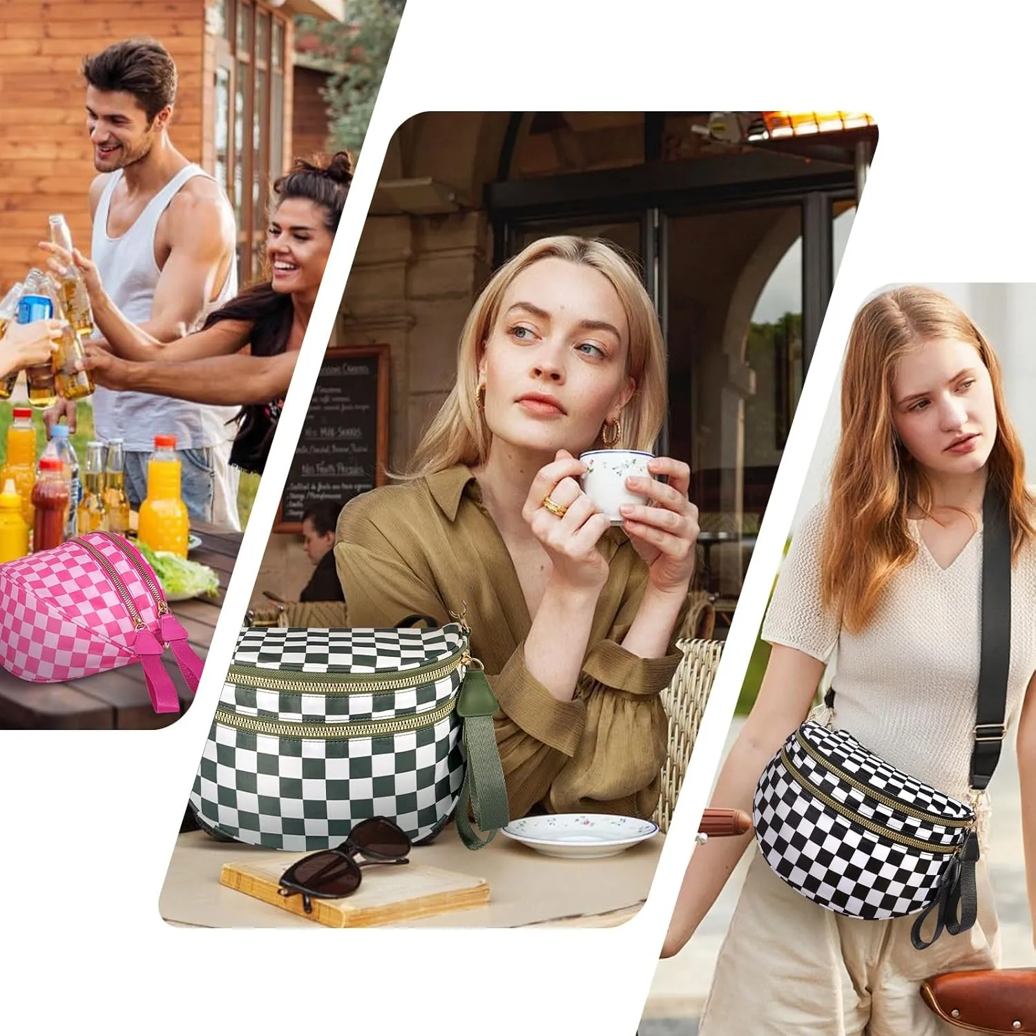 Bum Bags for Women Crossbody, Black And White Nylon Checkered Crossbody Bum Bag, Spacious Checkered Purse (Brown)