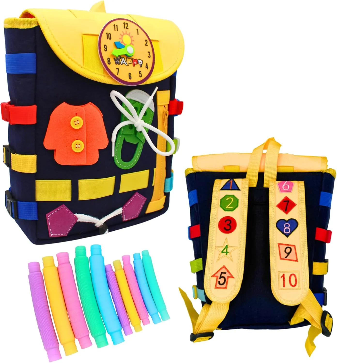 Busy Board Toddlers Travel Backpack - Learning Activities for Kids to Develop Fine Motor Skills and Basic Life Skills - Montessori Sensory Toys (Blue)