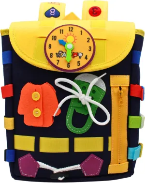 Busy Board Toddlers Travel Backpack - Learning Activities for Kids to Develop Fine Motor Skills and Basic Life Skills - Montessori Sensory Toys (Blue)