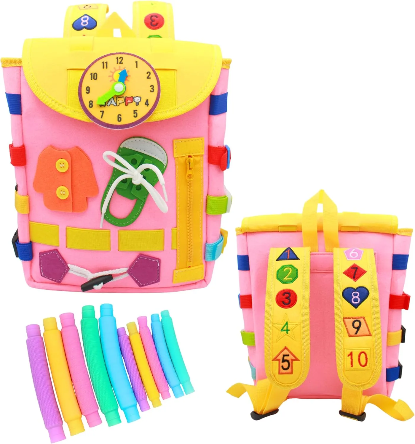Busy Board Toddlers Travel Backpack - Learning Activities for Kids to Develop Fine Motor Skills and Basic Life Skills - Montessori Sensory Toys