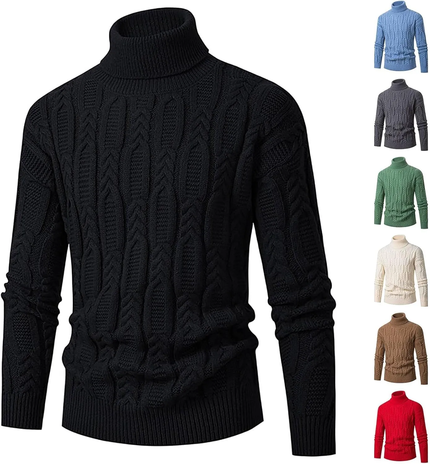 Cable Knit Sweaters for Men Turtleneck Long Sleeve Pullover Sweater Slim Fit Knitted Sweatshirts Winter Warm Coat Top