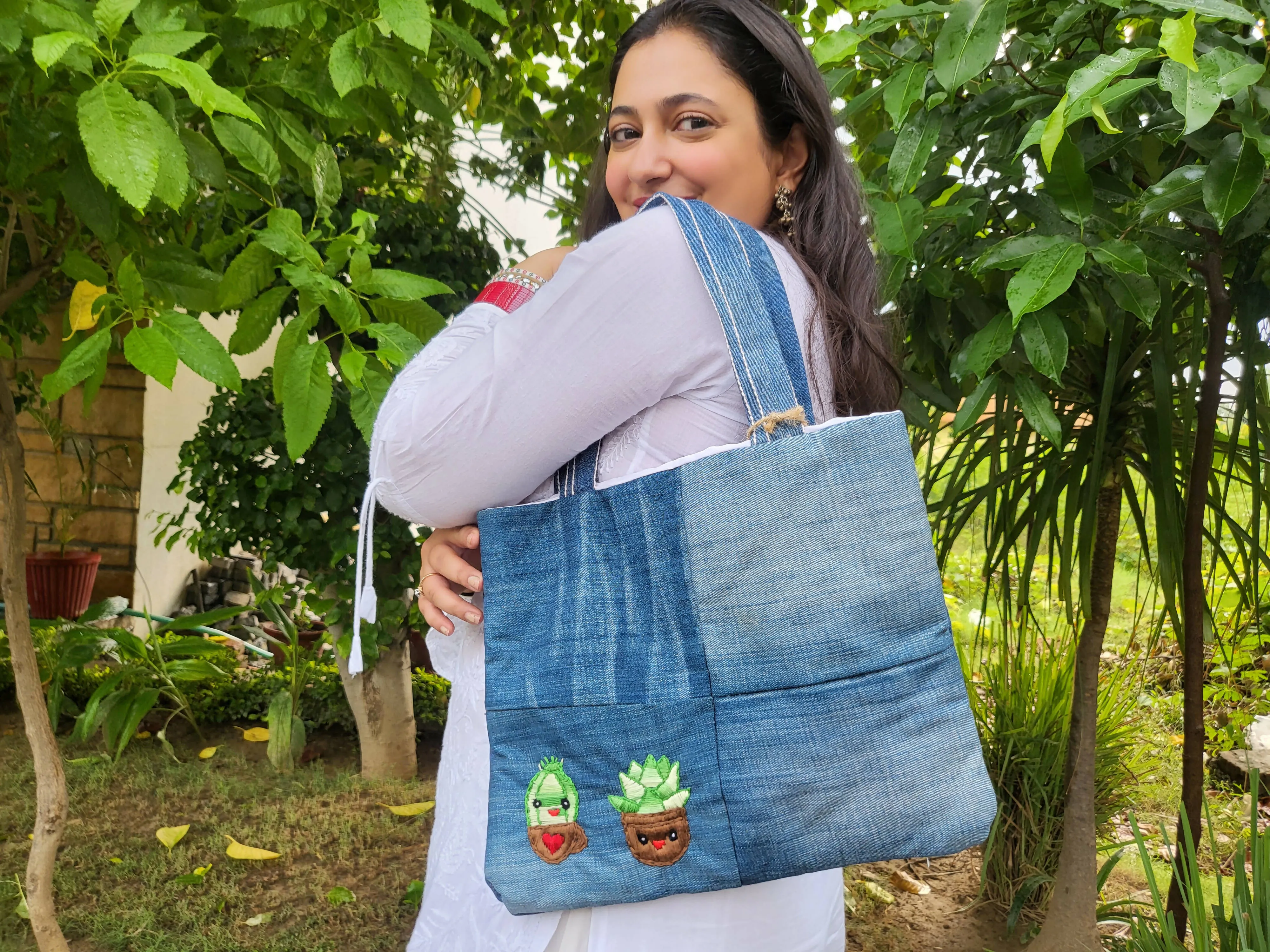 Cactus Denim Tote Bag