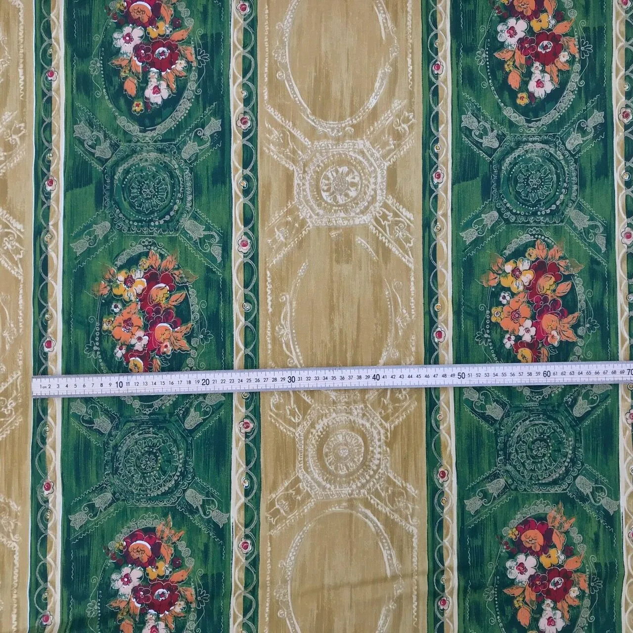 Cadeau Damask Vintage Blossom Floral Cotton Fabric 140cm, Green/Gold