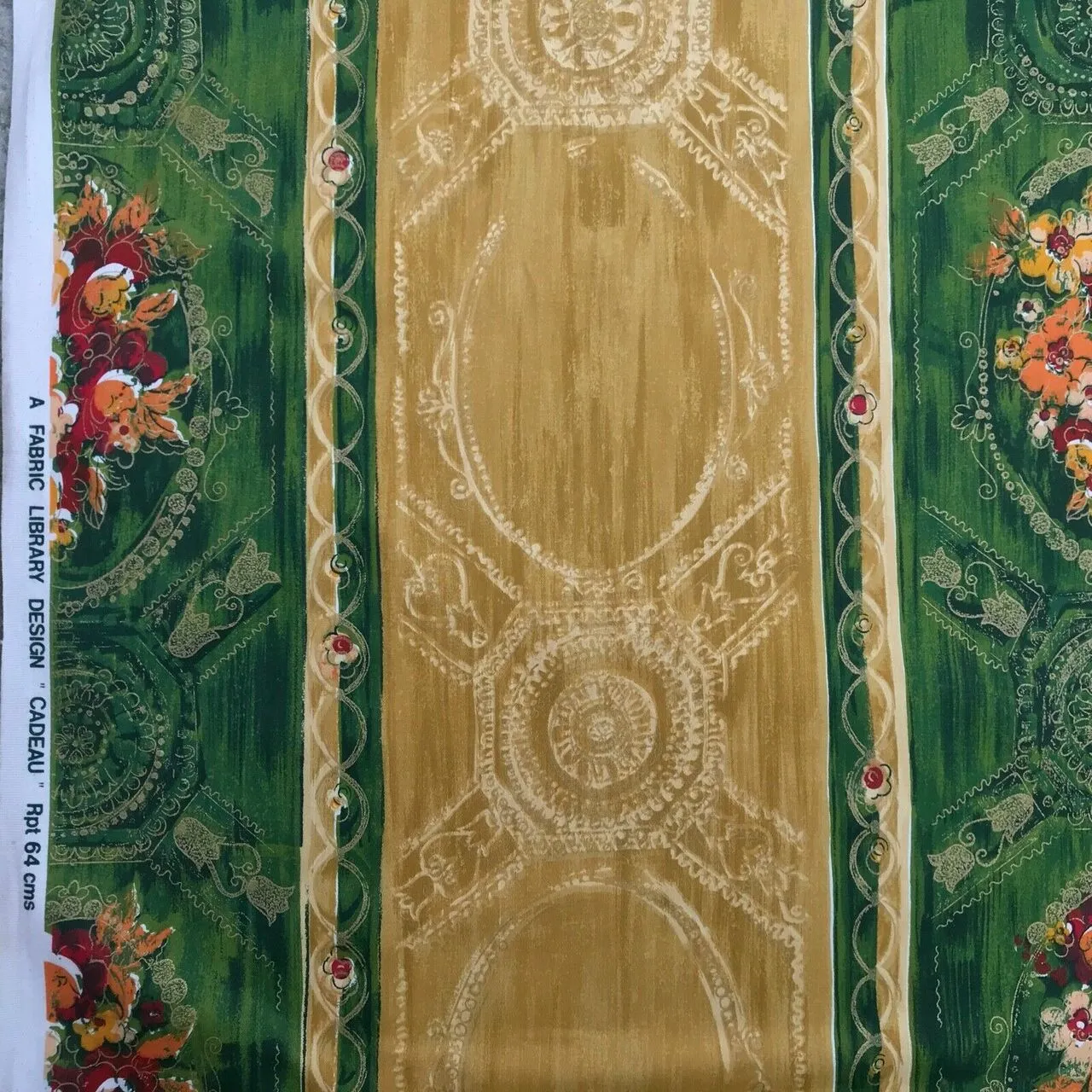 Cadeau Damask Vintage Blossom Floral Cotton Fabric 140cm, Green/Gold