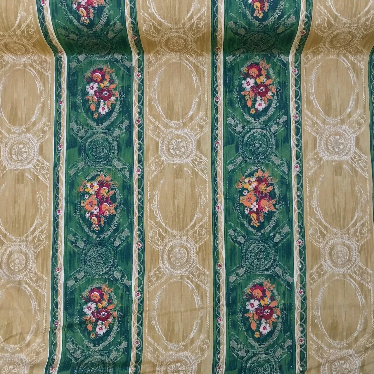 Cadeau Damask Vintage Blossom Floral Cotton Fabric 140cm, Green/Gold