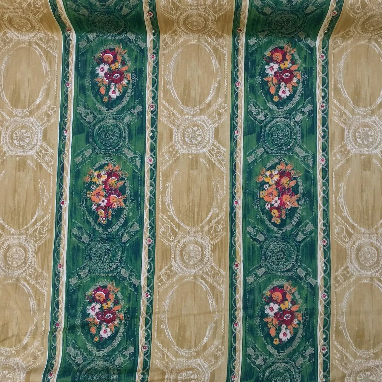 Cadeau Damask Vintage Blossom Floral Cotton Fabric 140cm, Green/Gold