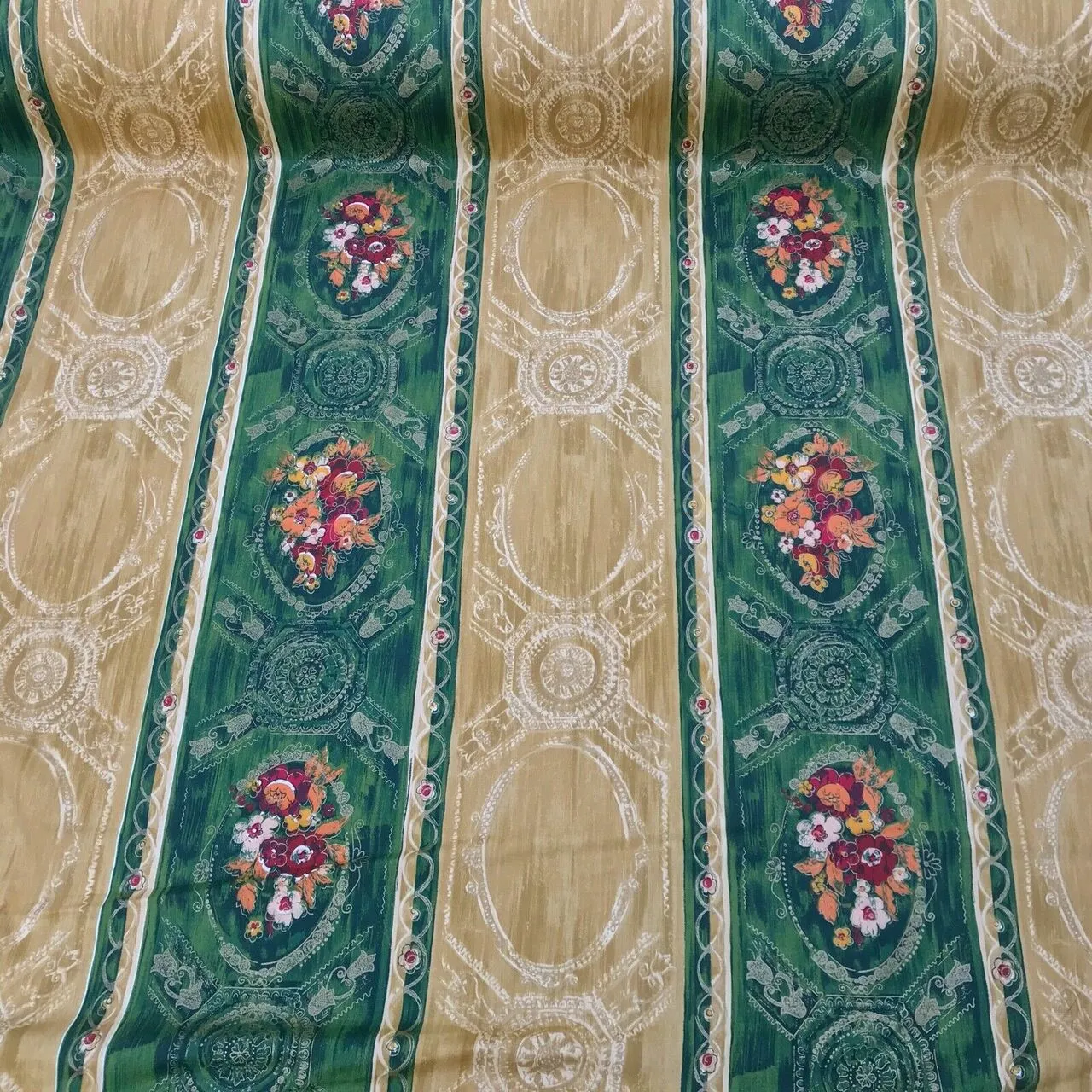 Cadeau Damask Vintage Blossom Floral Cotton Fabric 140cm, Green/Gold