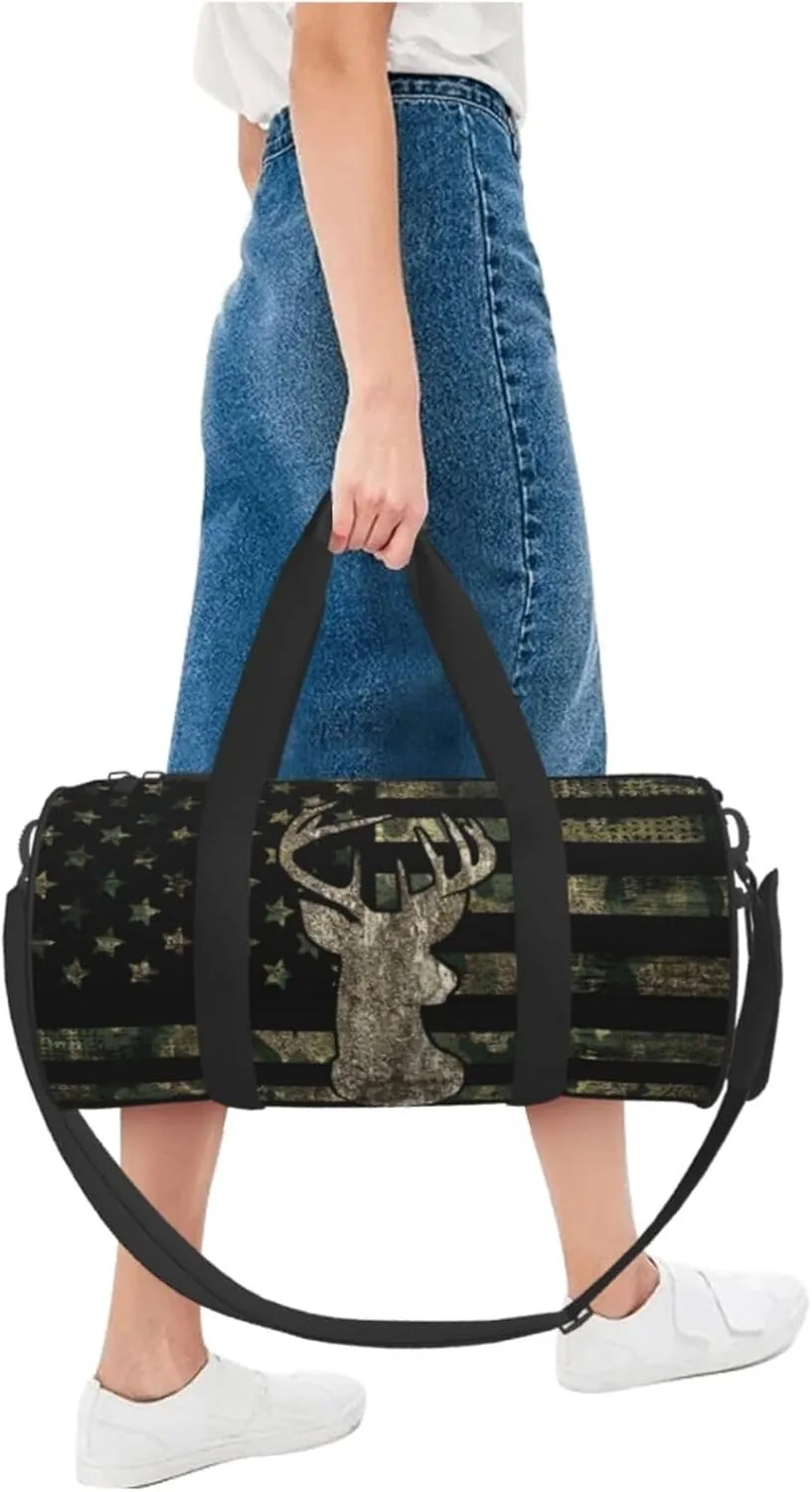 Camo Camouflage American Flag Hunting Deer Foldable Duffle Bag For Women - Workout Bag For Gym Men - Boy Gym Bag - Girls Small Weekender Duffel Bag - Packable Luggage Bag For Travel Sports