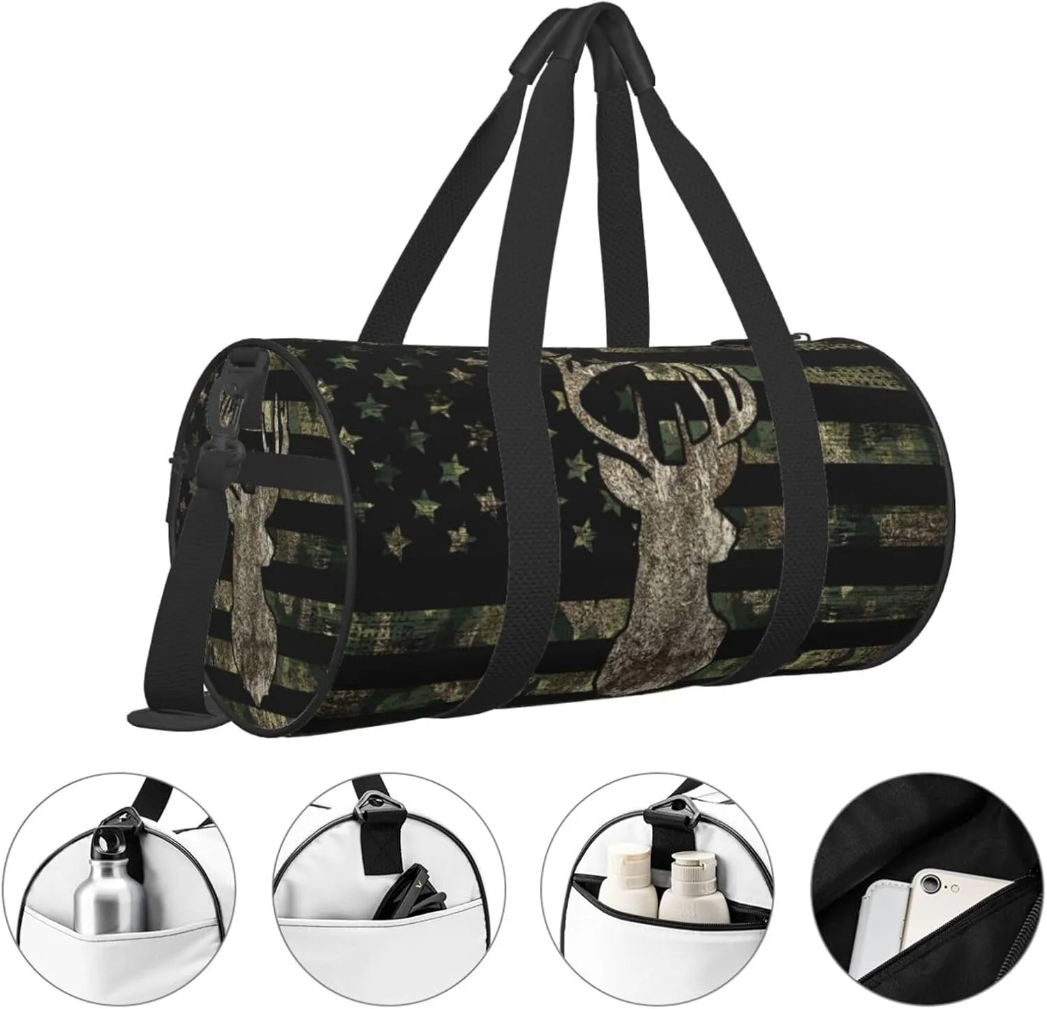 Camo Camouflage American Flag Hunting Deer Foldable Duffle Bag For Women - Workout Bag For Gym Men - Boy Gym Bag - Girls Small Weekender Duffel Bag - Packable Luggage Bag For Travel Sports