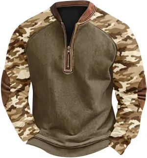 Camo Sweatshirts for Men Quarter Zip Raglan Sleeve Henley Neck Camouflage Vintage Western Pullover Tactical Shirts