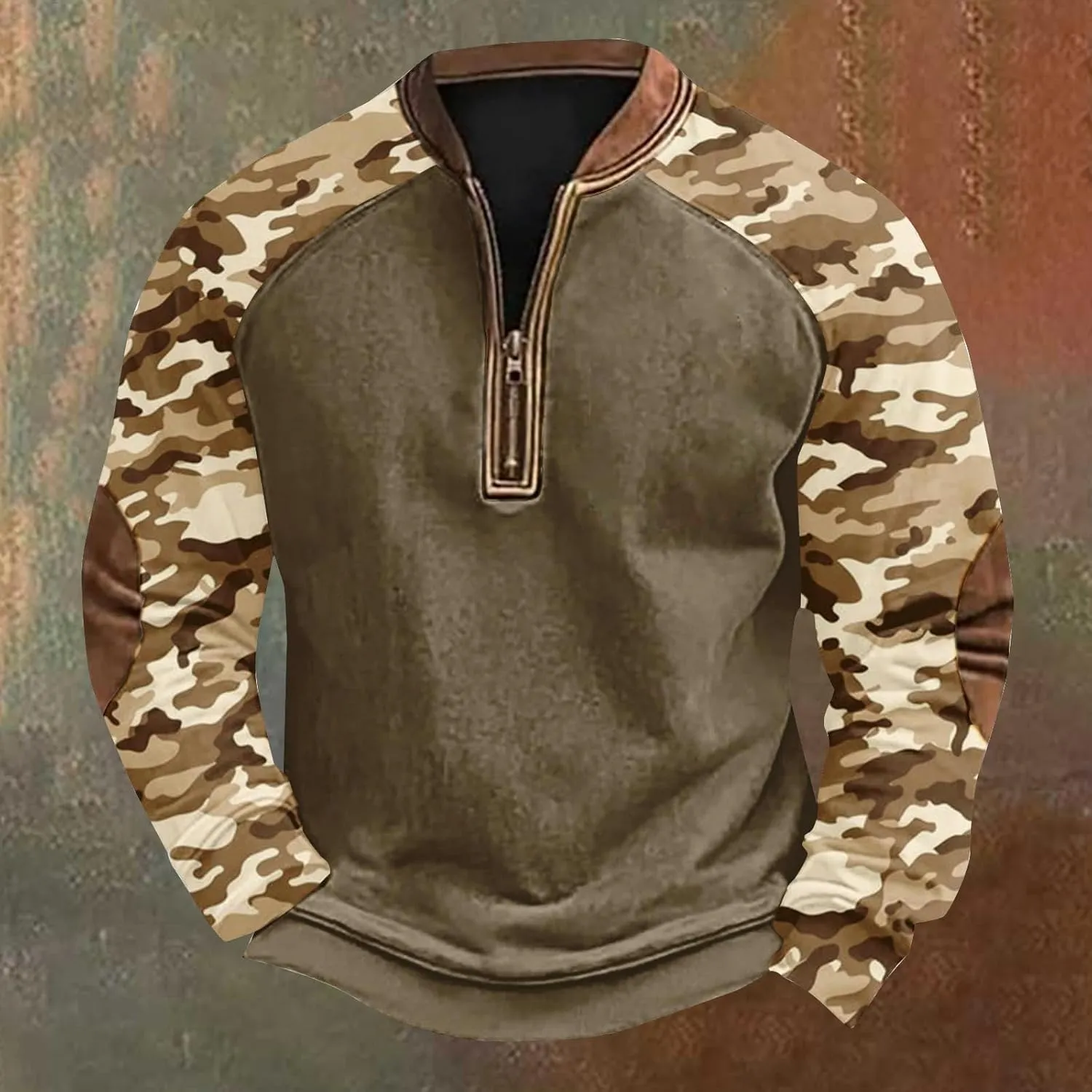 Camo Sweatshirts for Men Quarter Zip Raglan Sleeve Henley Neck Camouflage Vintage Western Pullover Tactical Shirts