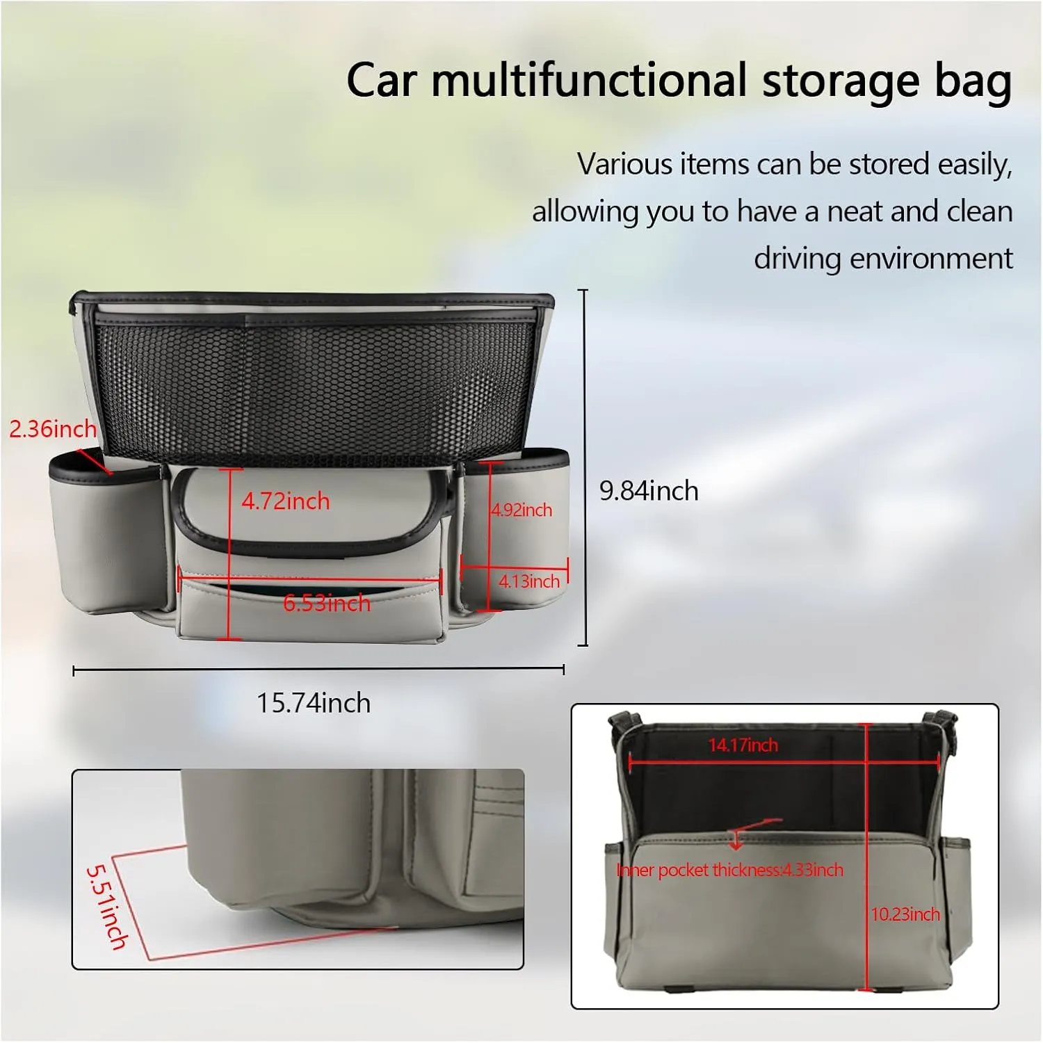 Car Handbag Holder Between Seats, Large Capacity Leather Auto Backseat Storage Bag with Tissue Holder, Car Back Seat Pet Kids Barrier, Vehicle Interior Organizer for Bag Phone Cup (Gray)