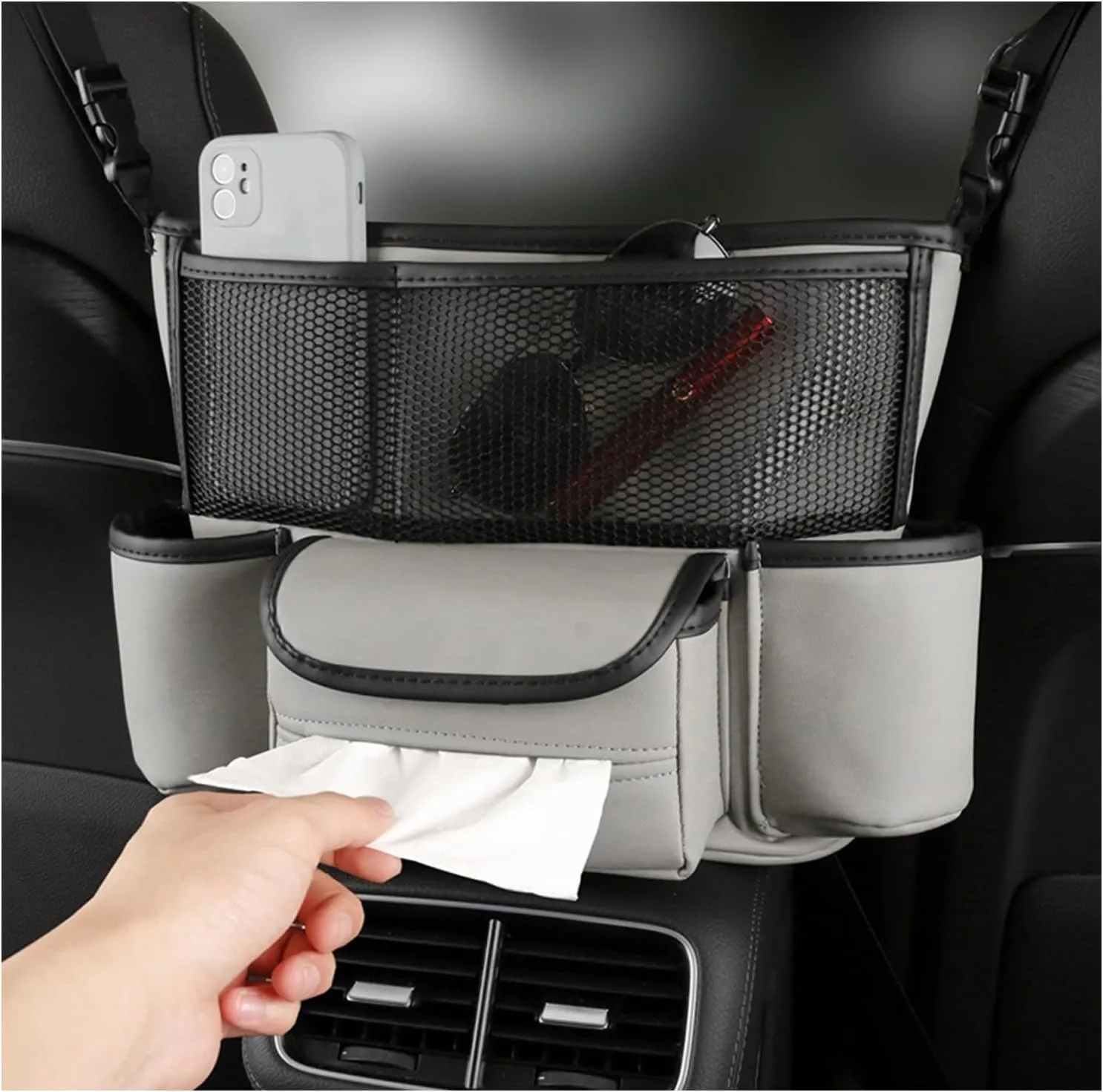 Car Handbag Holder Between Seats, Large Capacity Leather Auto Backseat Storage Bag with Tissue Holder, Car Back Seat Pet Kids Barrier, Vehicle Interior Organizer for Bag Phone Cup (Gray)