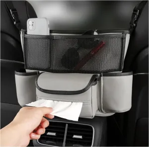 Car Handbag Holder Between Seats, Large Capacity Leather Auto Backseat Storage Bag with Tissue Holder, Car Back Seat Pet Kids Barrier, Vehicle Interior Organizer for Bag Phone Cup (Gray)