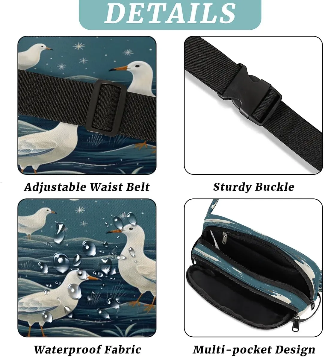 Cartoon Seagull Print Men's and Women's Waist Pack Crossbody Marine Theme Seagulls Waist Pack Running Strap, Adjustable Shoulder Strap - For Hiking and Running Exercise Fitness