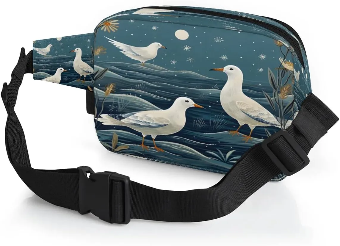 Cartoon Seagull Print Men's and Women's Waist Pack Crossbody Marine Theme Seagulls Waist Pack Running Strap, Adjustable Shoulder Strap - For Hiking and Running Exercise Fitness
