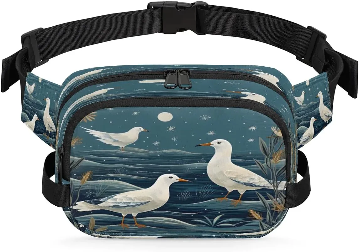 Cartoon Seagull Print Men's and Women's Waist Pack Crossbody Marine Theme Seagulls Waist Pack Running Strap, Adjustable Shoulder Strap - For Hiking and Running Exercise Fitness