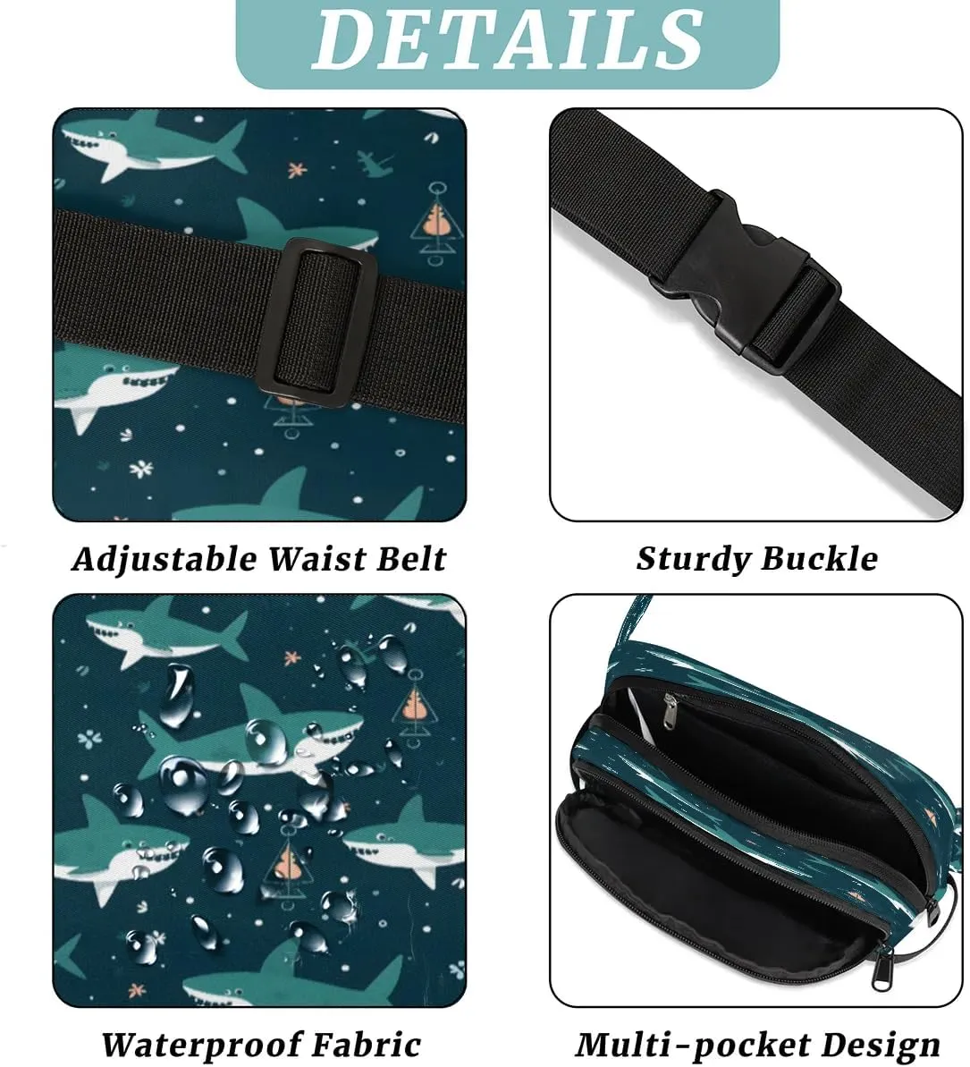 Cartoon Shark Men's and Women's Waist Pack Crossbody Shark Prints Waist Pack Running Strap, Adjustable Shoulder Strap - For Hiking and Running Exercise Fitness