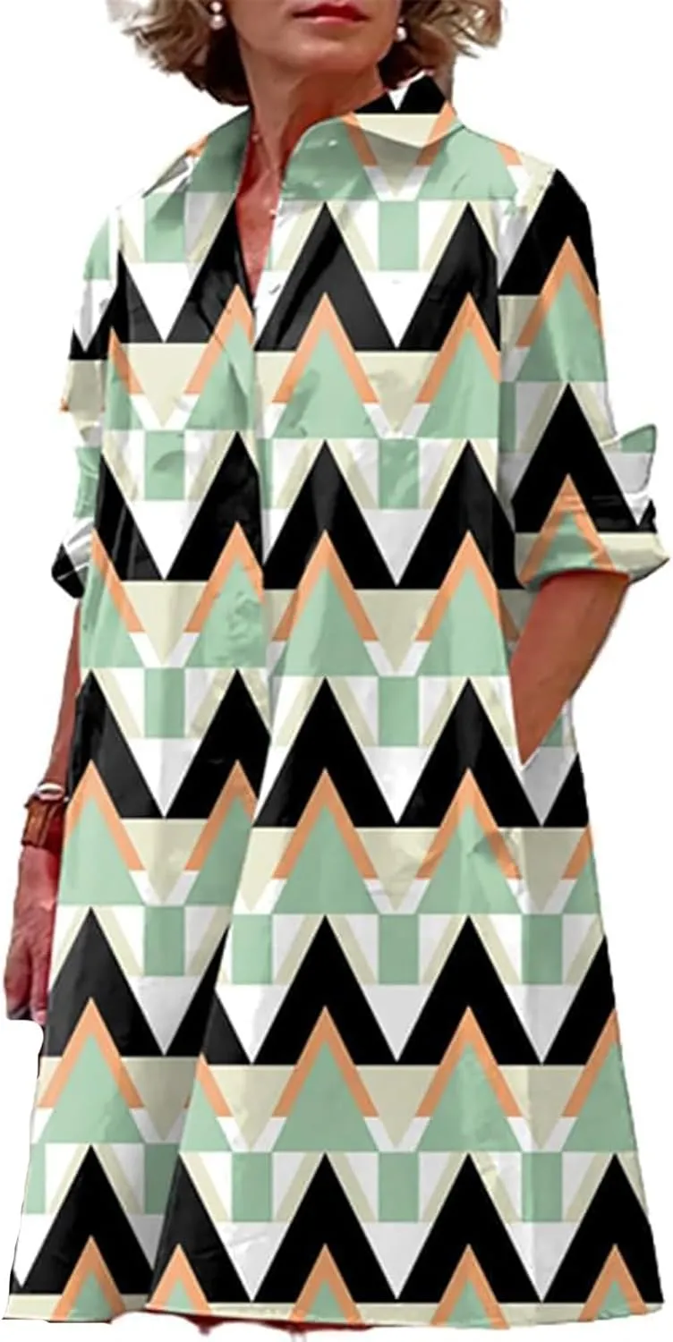 Casual Summer Dresses for Women 2025,Women's Long Sleeve Button Down Shirt Summer Dress Loose Fit Midi Shirt Dresses