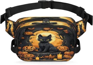 Cat Pumpkin Lamp Waterproof Fanny Pack for Women Men Adjustable Waist Bag with Double Zipper Pockets Lightweight Square Hip Pack for Running Travel Hiking Workout Cycling