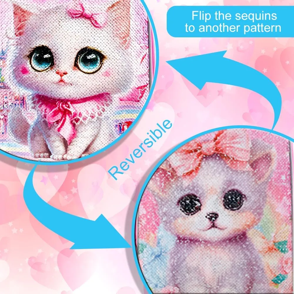 CCJPX 3PCS Cat Backpack for Girls, 16" Kids Bookbag and Lunch Box for Elementary School Toddler Kindergarten Preschool
